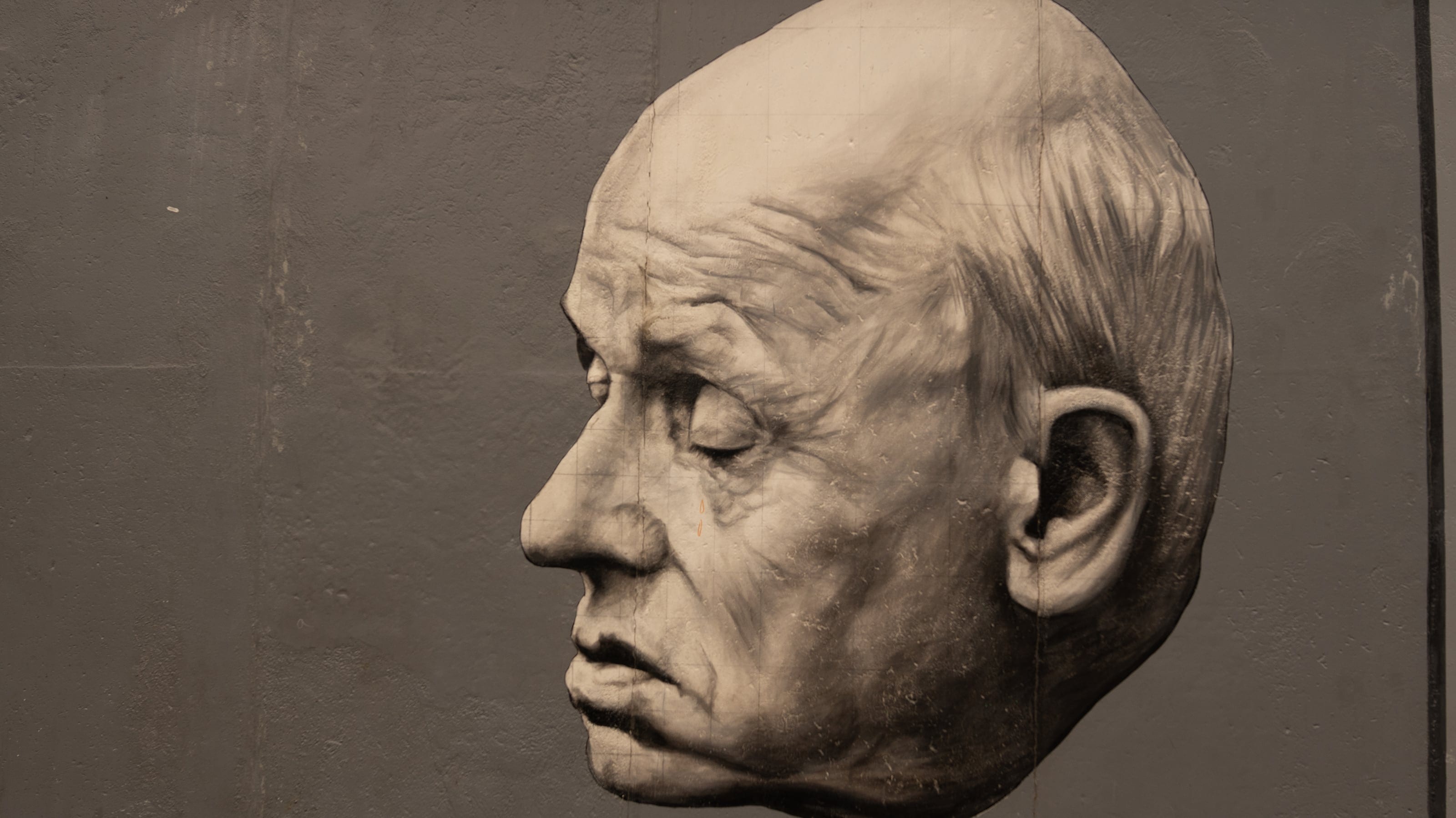 A cast bronze death mask in raking light